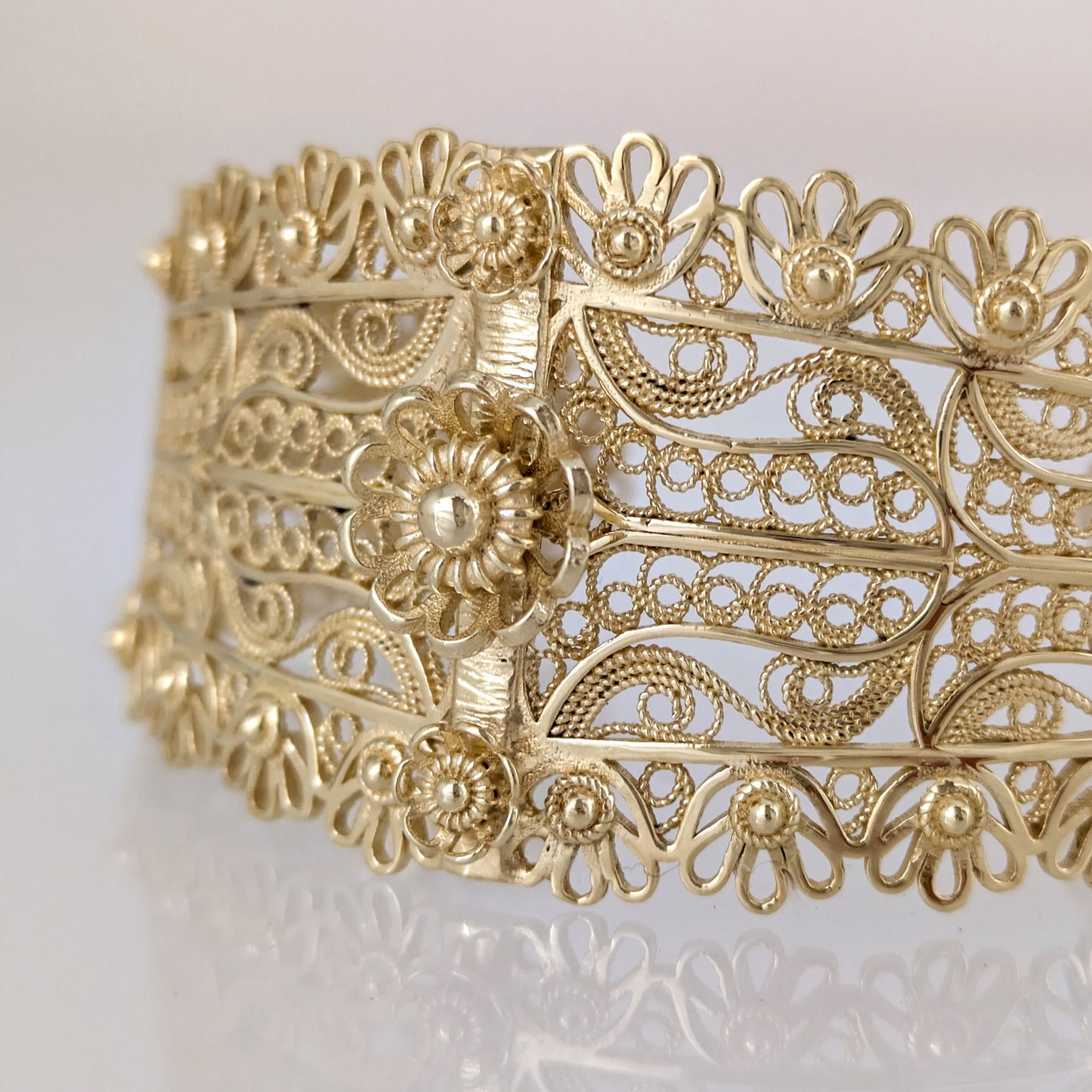Wide Filigree Cuff Bracelet with Floral Openwork