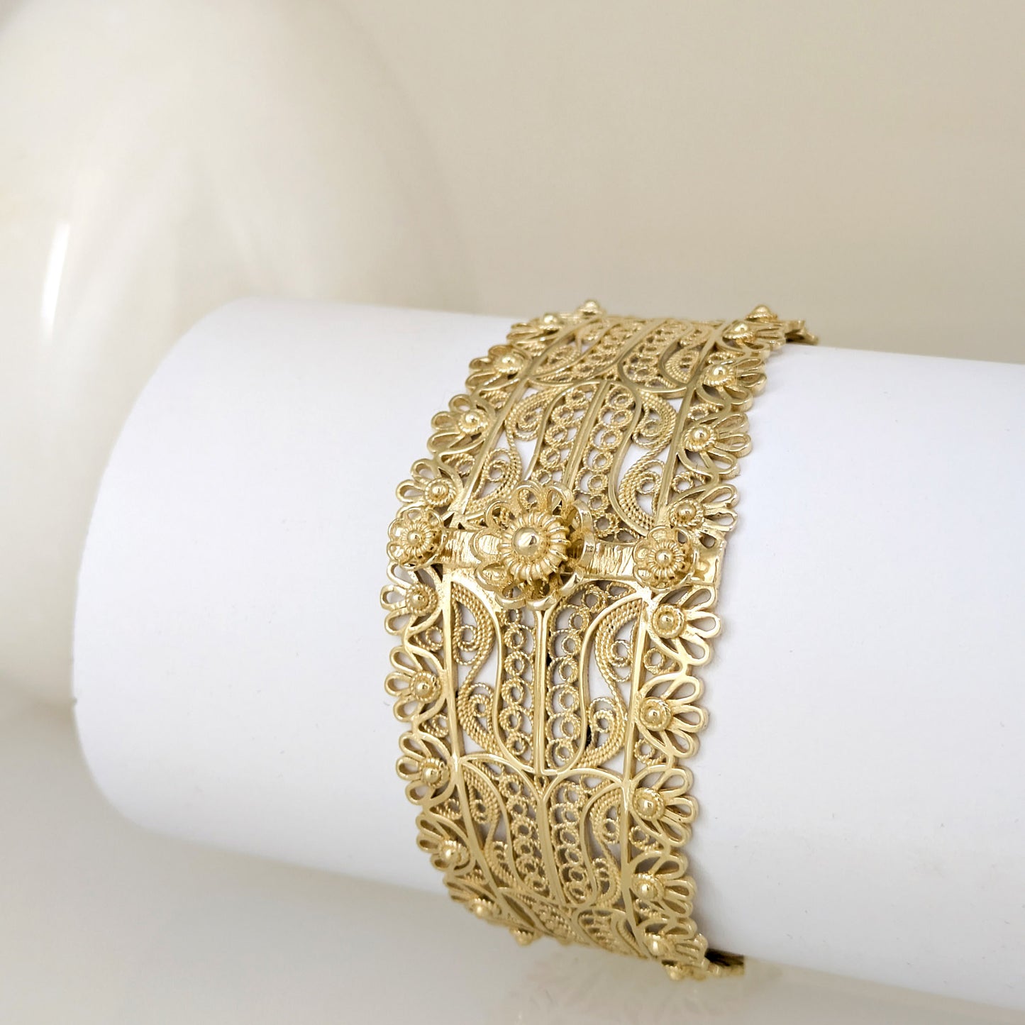 Wide Filigree Cuff Bracelet with Floral Openwork