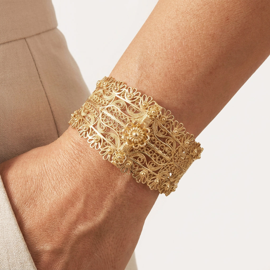 Wide Filigree Cuff Bracelet with Floral Openwork