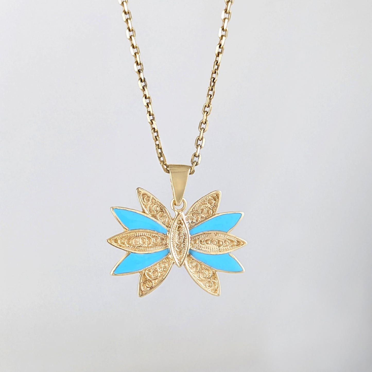 Turquoise Enamel Butterfly Pendant Filigree Gold Charm