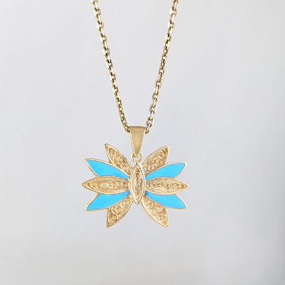 Turquoise Enamel Butterfly Pendant Filigree Gold Charm