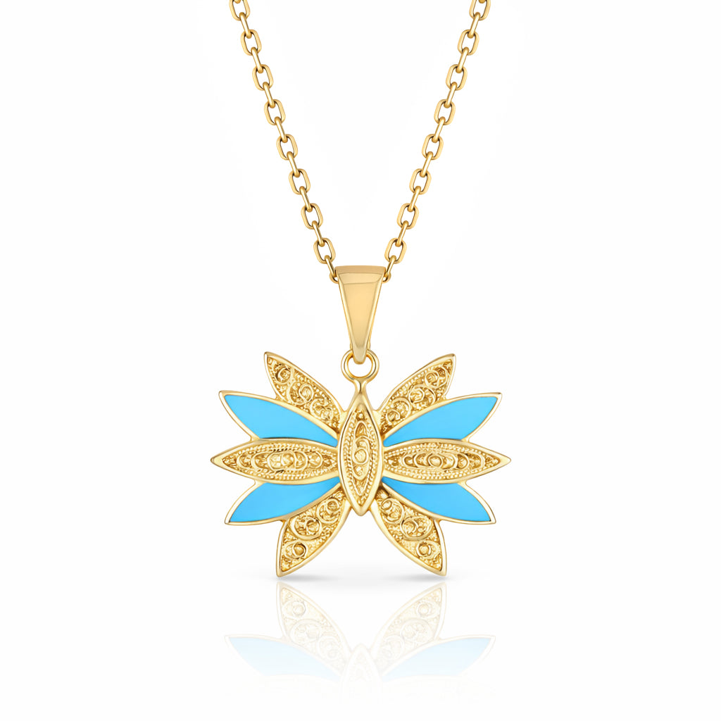 Turquoise Enamel Butterfly Pendant Filigree Gold Charm
