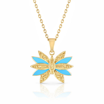 Turquoise Enamel Butterfly Pendant Filigree Gold Charm