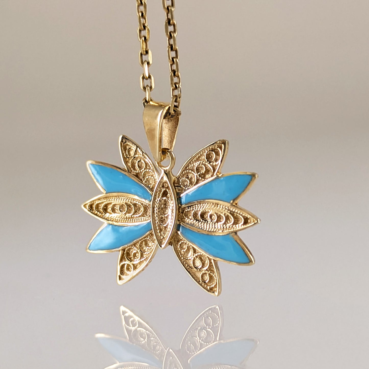 Turquoise Enamel Butterfly Pendant Filigree Gold Charm