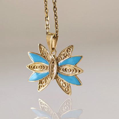 Turquoise Enamel Butterfly Pendant Filigree Gold Charm
