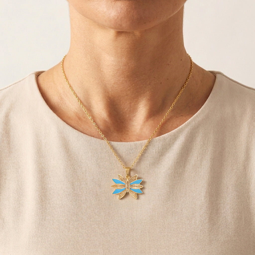 Turquoise Enamel Butterfly Pendant Filigree Gold Charm