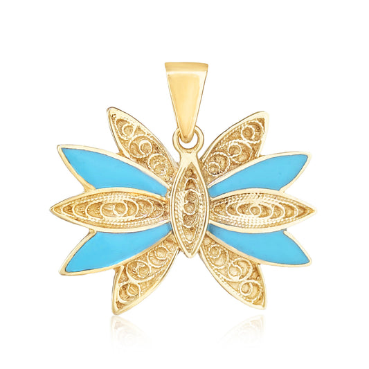 Turquoise Enamel Butterfly Pendant Filigree Gold Charm