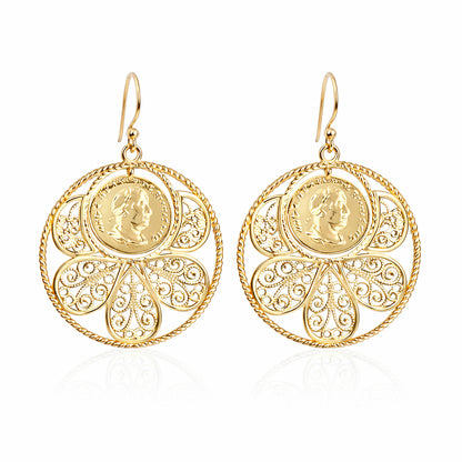 Filigree Coin Medallion Dangle Earrings with Petal Frame