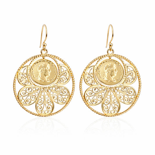 Filigree Coin Medallion Dangle Earrings with Petal Frame