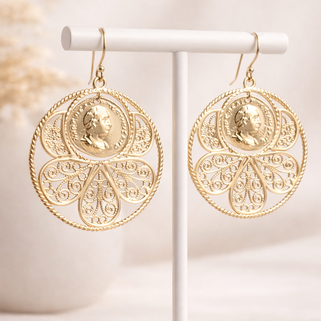 Filigree Coin Medallion Dangle Earrings with Petal Frame