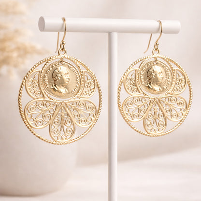 Filigree Coin Medallion Dangle Earrings with Petal Frame