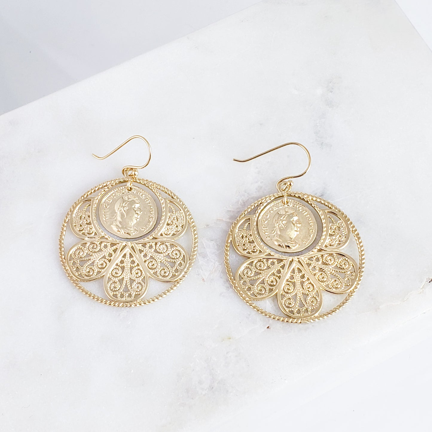 Filigree Coin Medallion Dangle Earrings with Petal Frame