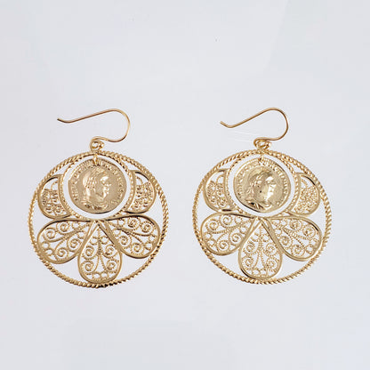 Filigree Coin Medallion Dangle Earrings with Petal Frame