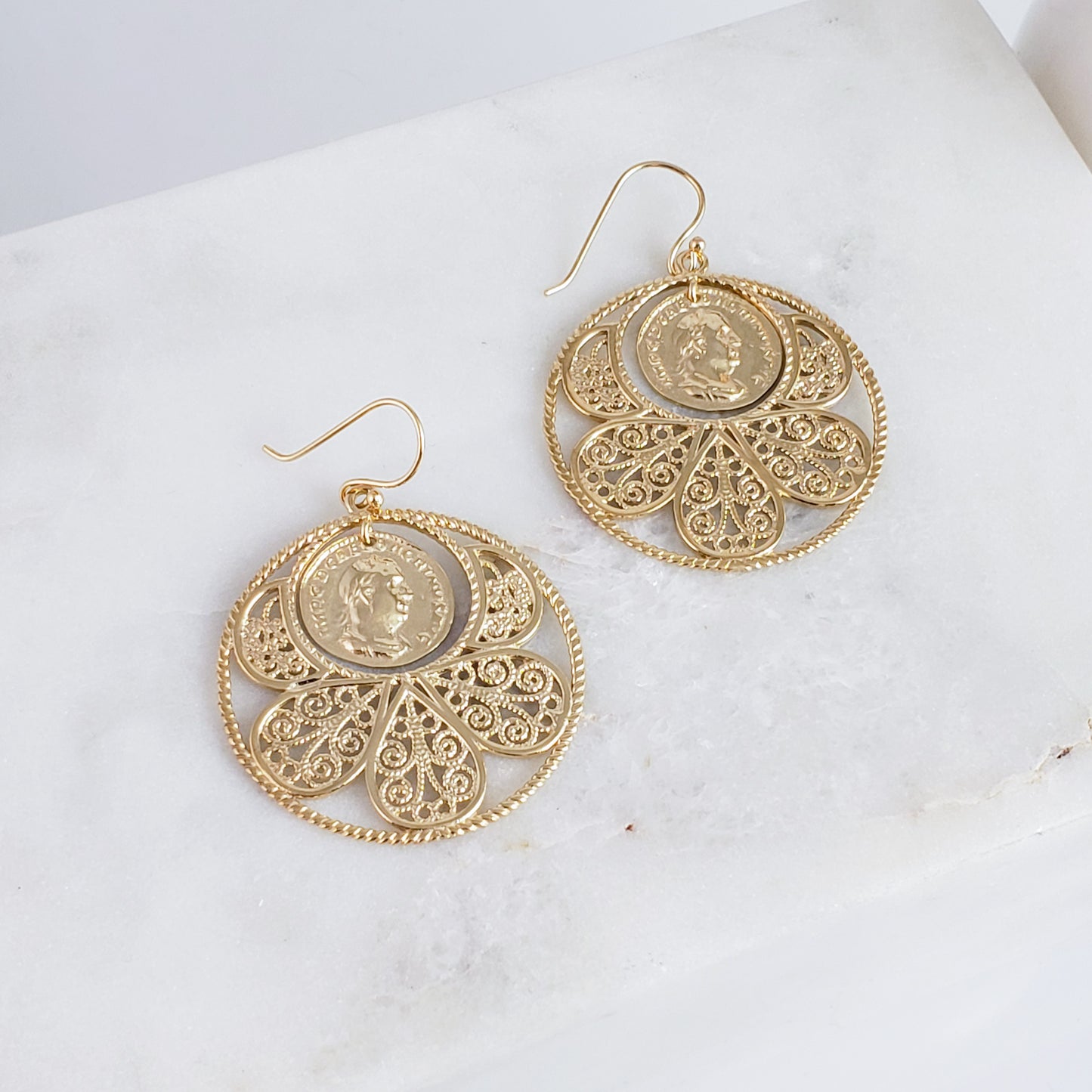 Filigree Coin Medallion Dangle Earrings with Petal Frame