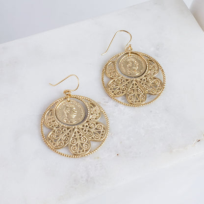 Filigree Coin Medallion Dangle Earrings with Petal Frame