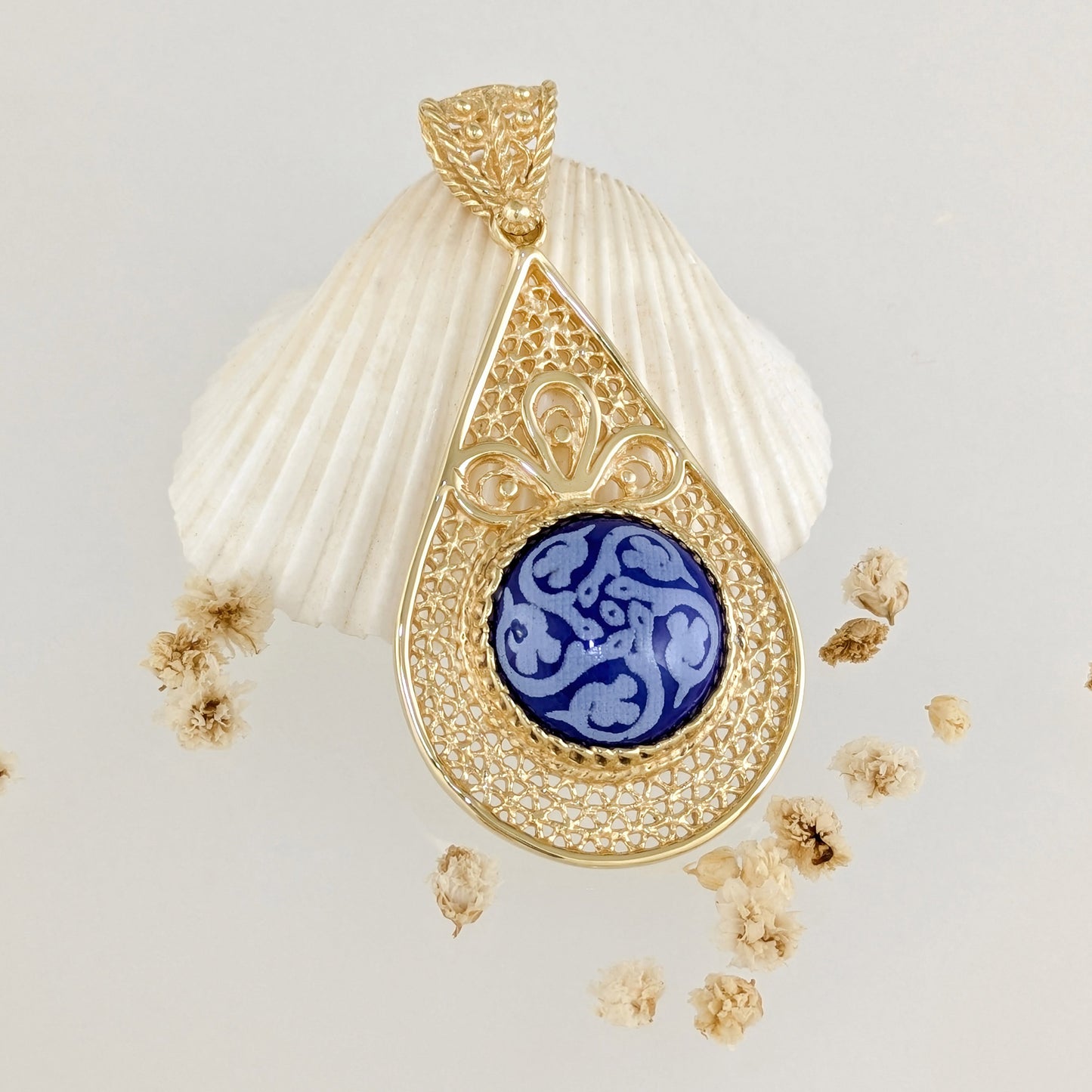 Filigree Drop Pendant with Blue Ceramic Center