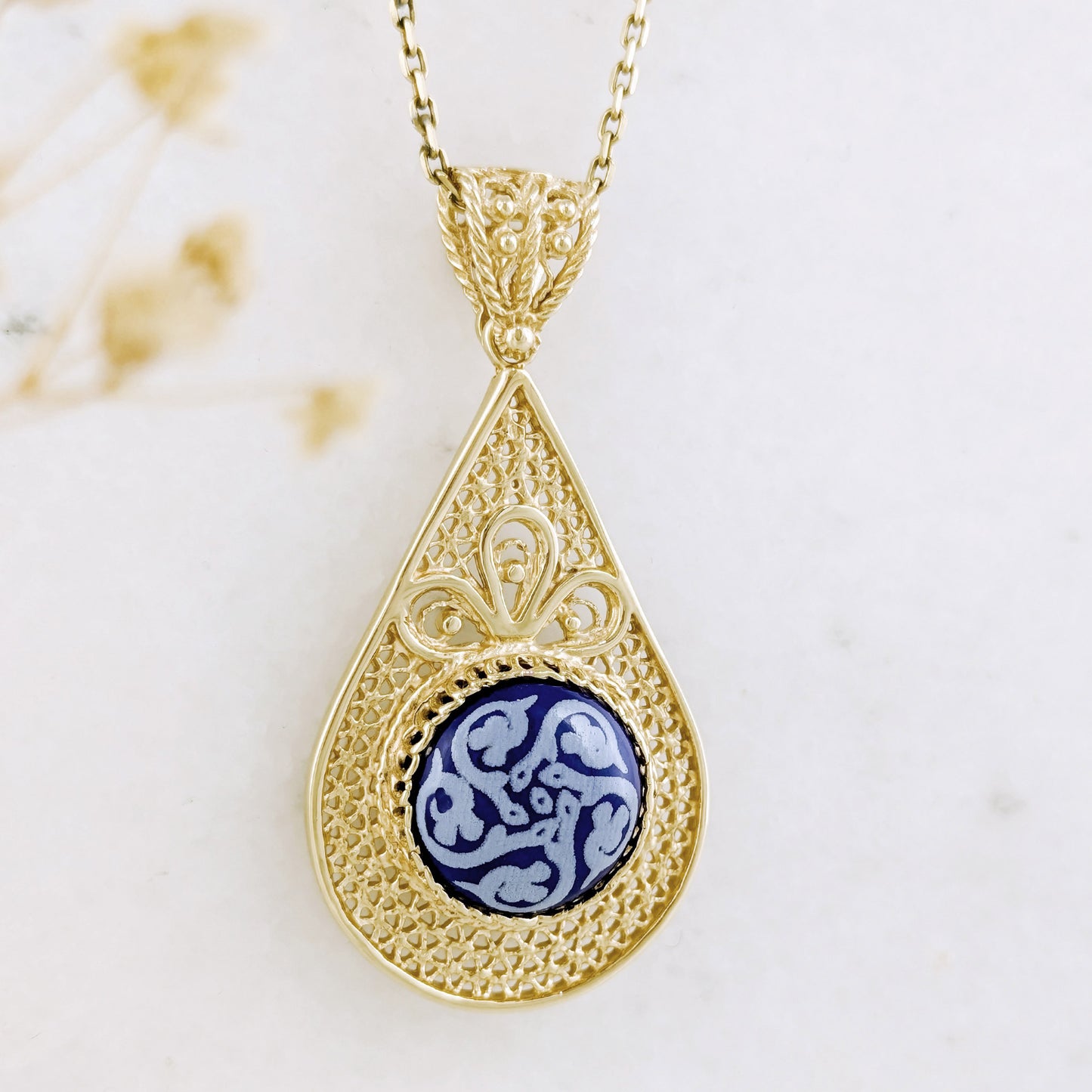Filigree Drop Pendant with Blue Ceramic Center
