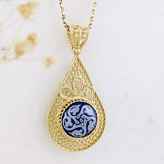 Filigree Drop Pendant with Blue Ceramic Center
