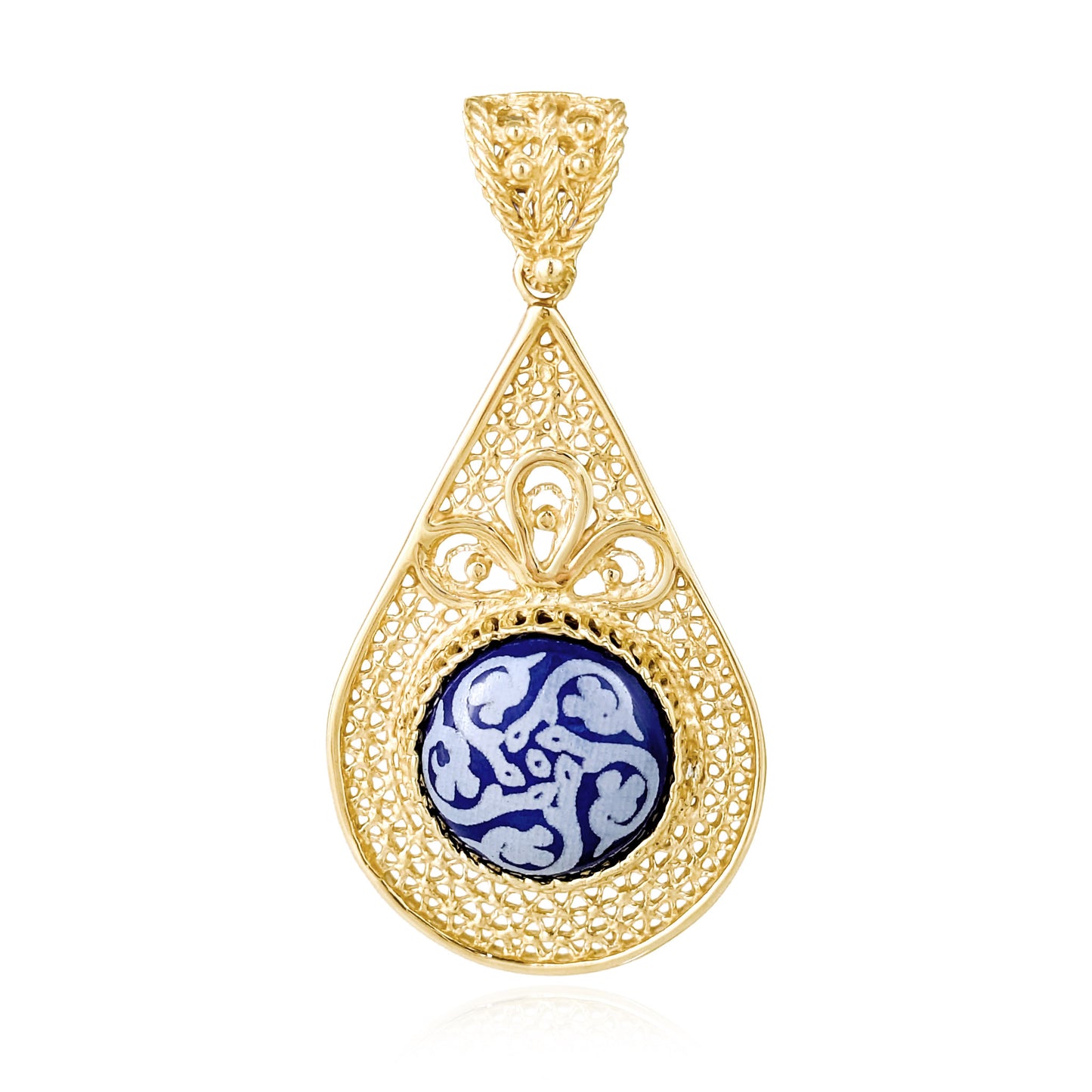 Filigree Drop Pendant with Blue Ceramic Center