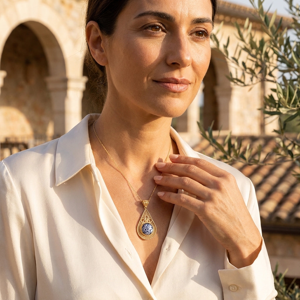 Filigree Drop Pendant with Blue Ceramic Center