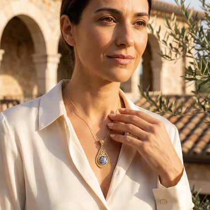 Filigree Drop Pendant with Blue Ceramic Center