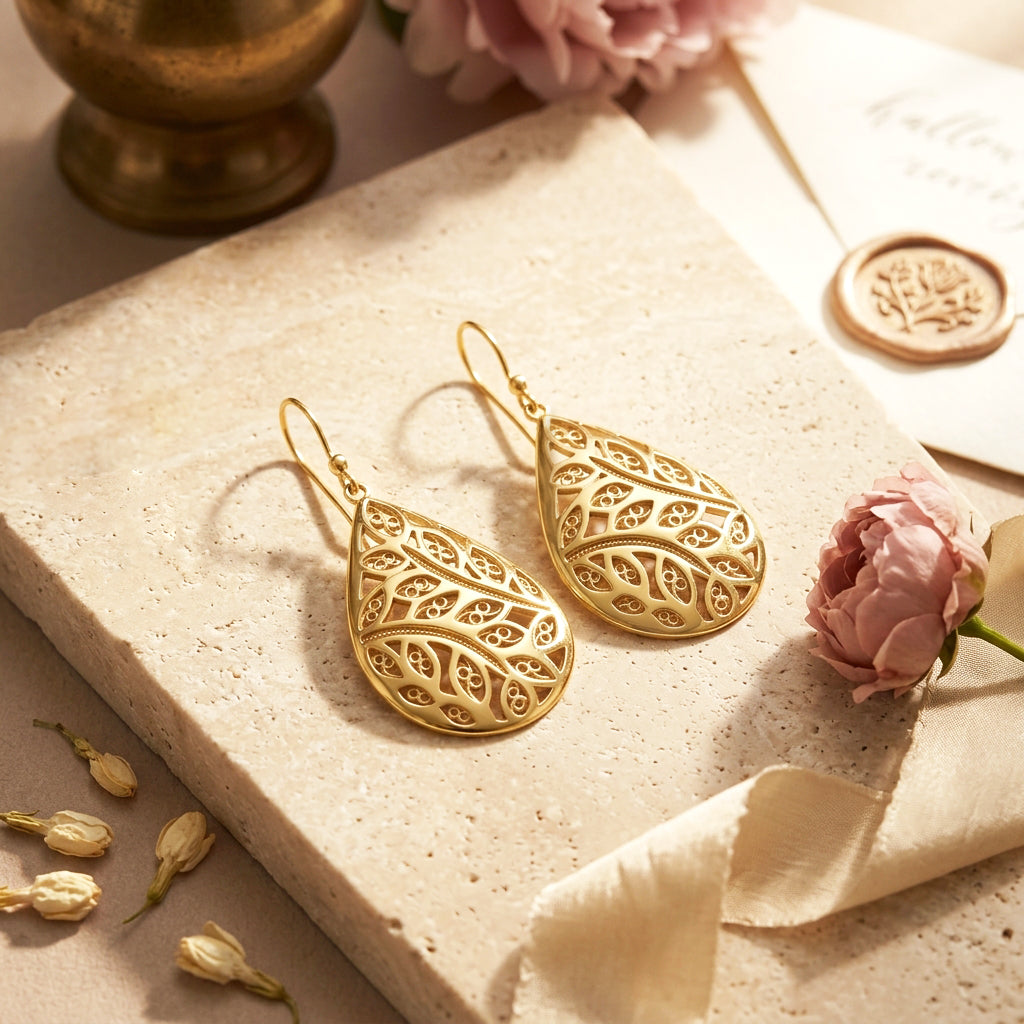 Teardrop Leaf Filigree Drop Earrings