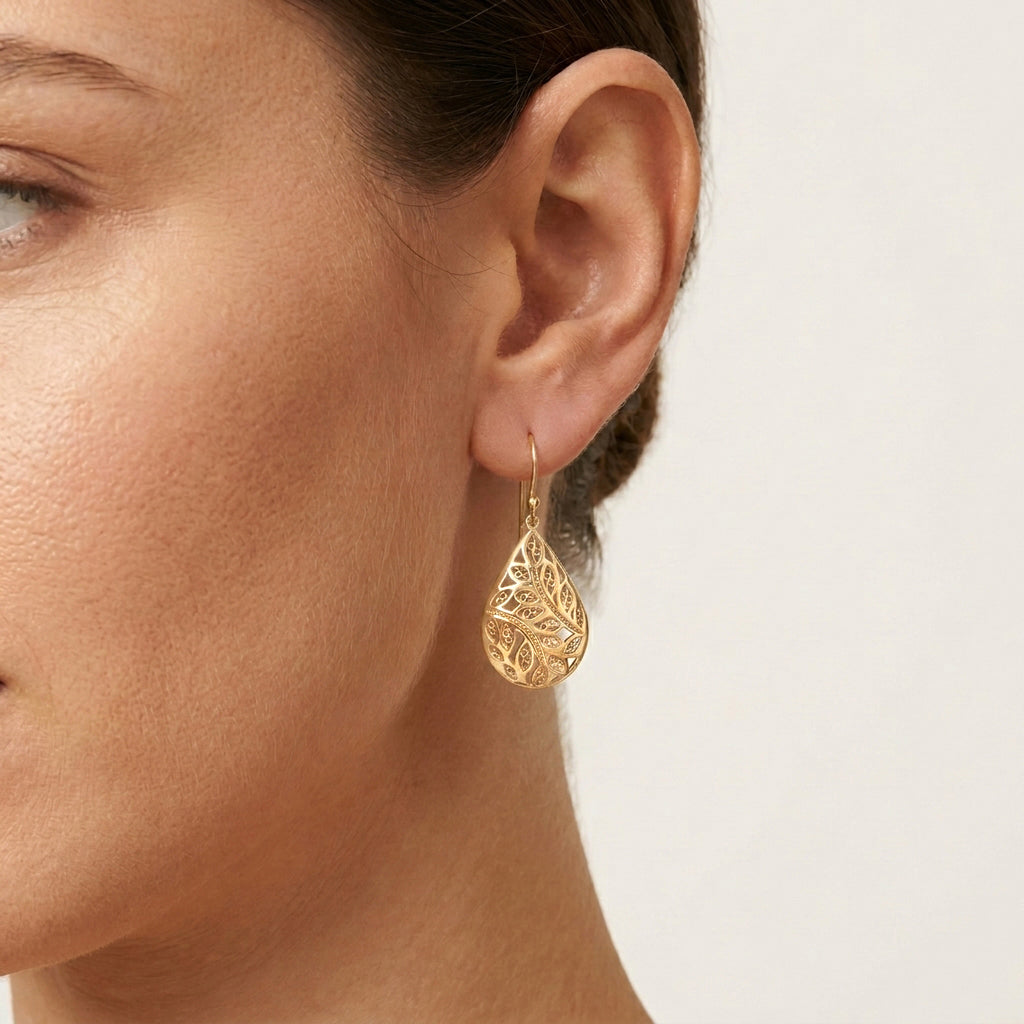 Teardrop Leaf Filigree Drop Earrings