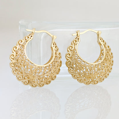 Filigree Voyager Hoop Earrings with Ornate Scrollwork