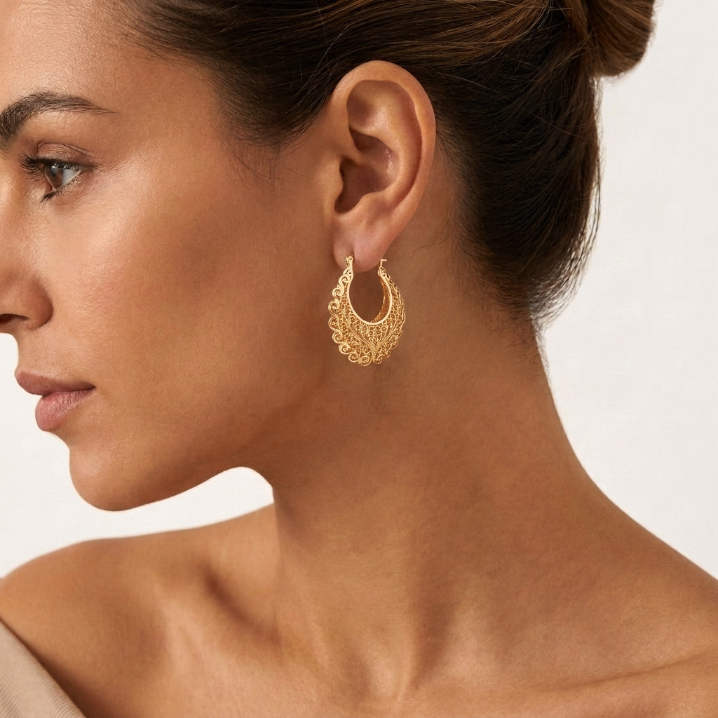 Filigree Voyager Hoop Earrings with Ornate Scrollwork