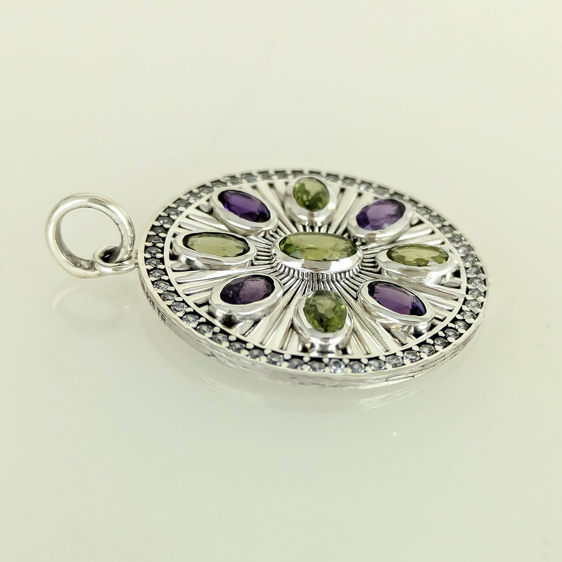 Amethyst & Peridot Sunburst Pendant – CZ Halo, Rhodium over Sterling Silver - TurkishBling