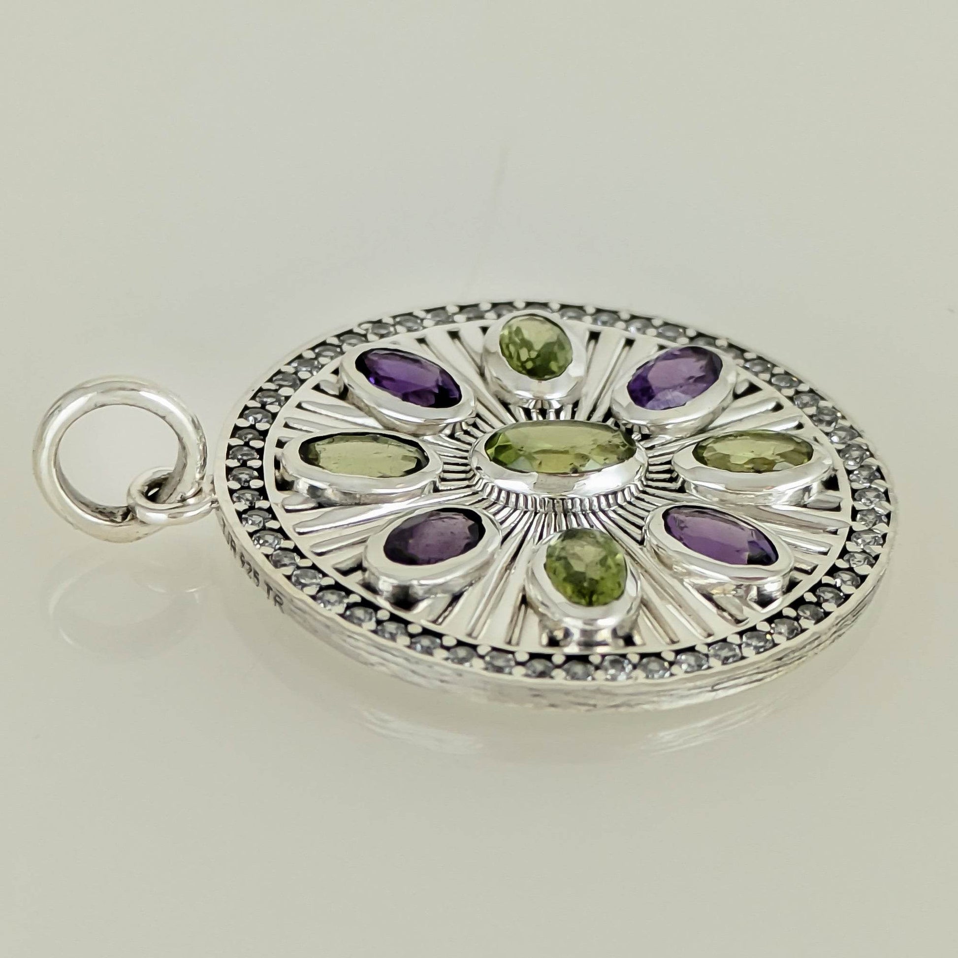 Amethyst & Peridot Sunburst Pendant – CZ Halo, Rhodium over Sterling Silver - TurkishBling