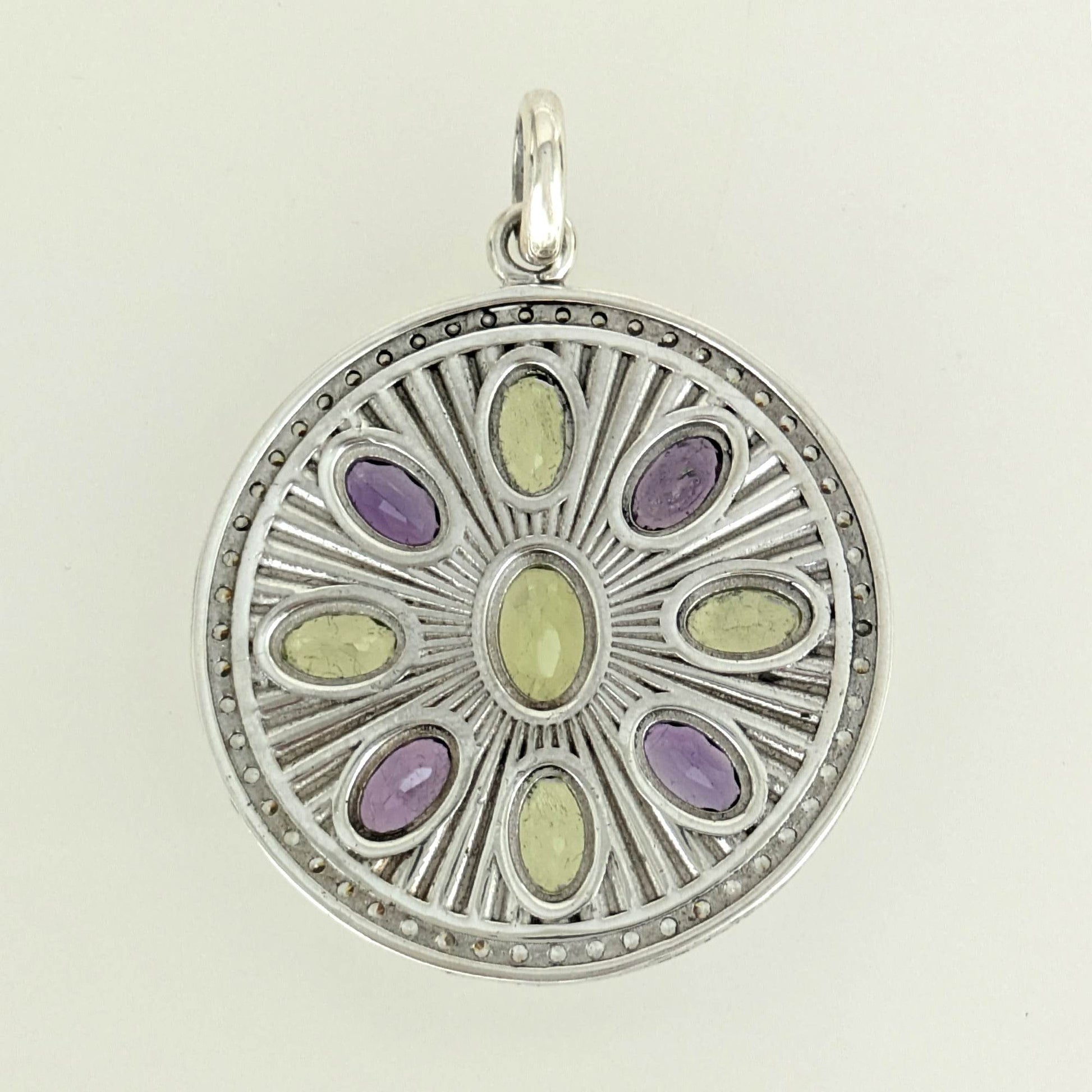 Amethyst & Peridot Sunburst Pendant – CZ Halo, Rhodium over Sterling Silver - TurkishBling