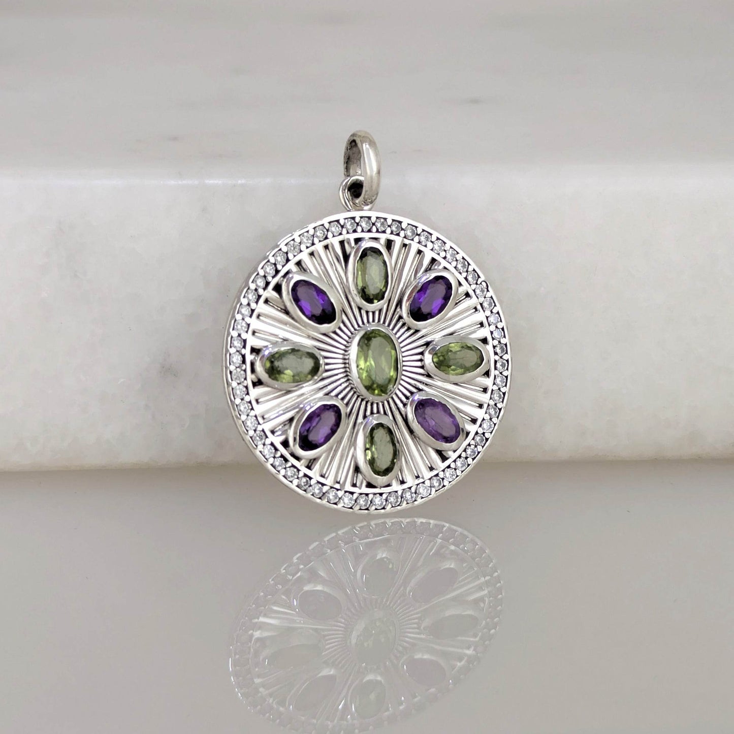 Amethyst & Peridot Sunburst Pendant – CZ Halo, Rhodium over Sterling Silver - TurkishBling