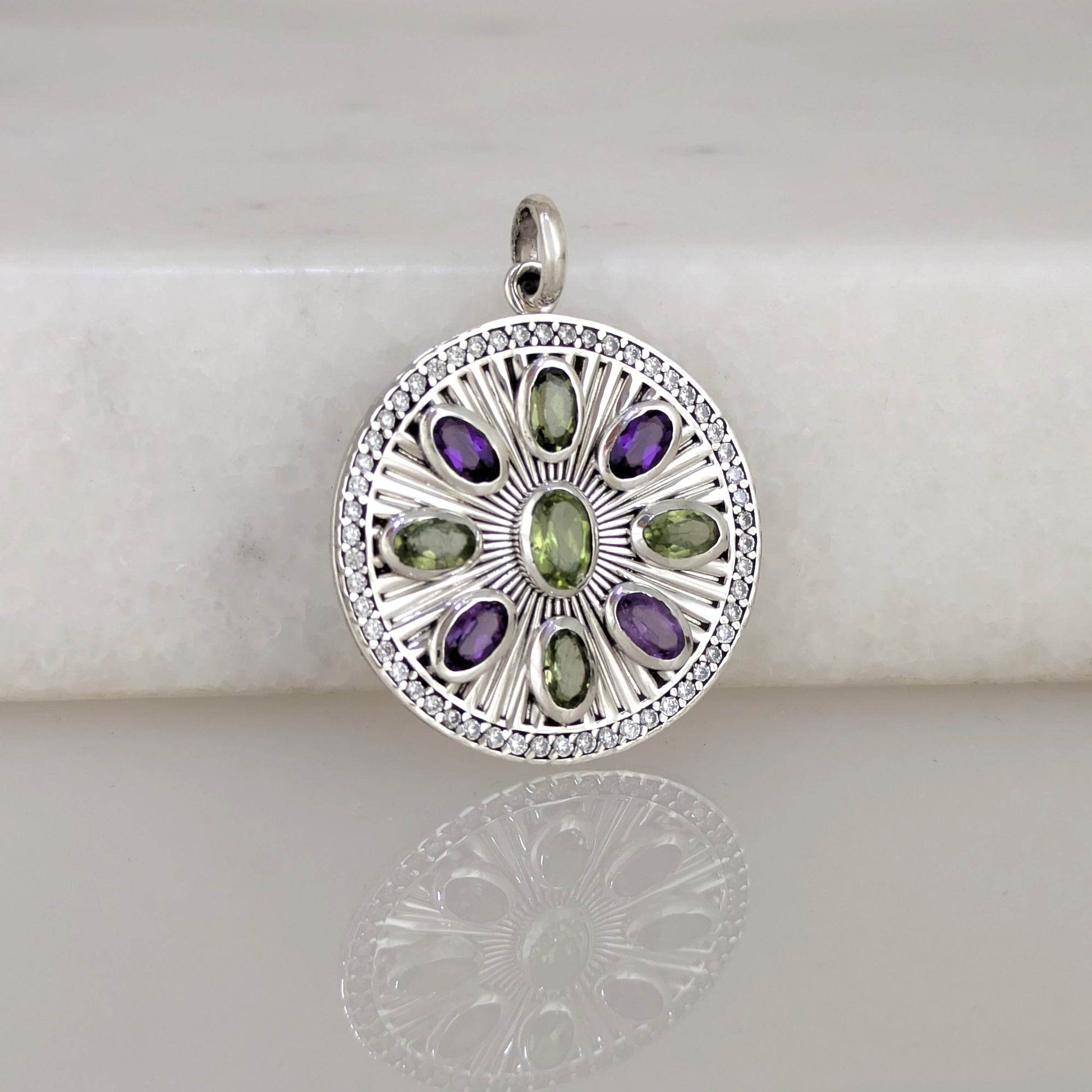 Amethyst & Peridot Sunburst Pendant – CZ Halo, Rhodium over Sterling Silver - TurkishBling
