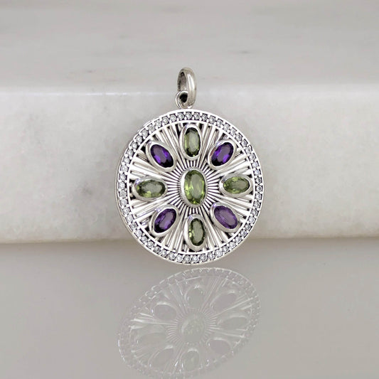 Amethyst & Peridot Sunburst Pendant – CZ Halo, Rhodium over Sterling Silver - TurkishBling