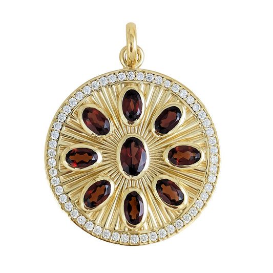 Garnet Sunburst Pendant – White CZ Halo, Gold over Sterling Silver - TurkishBling