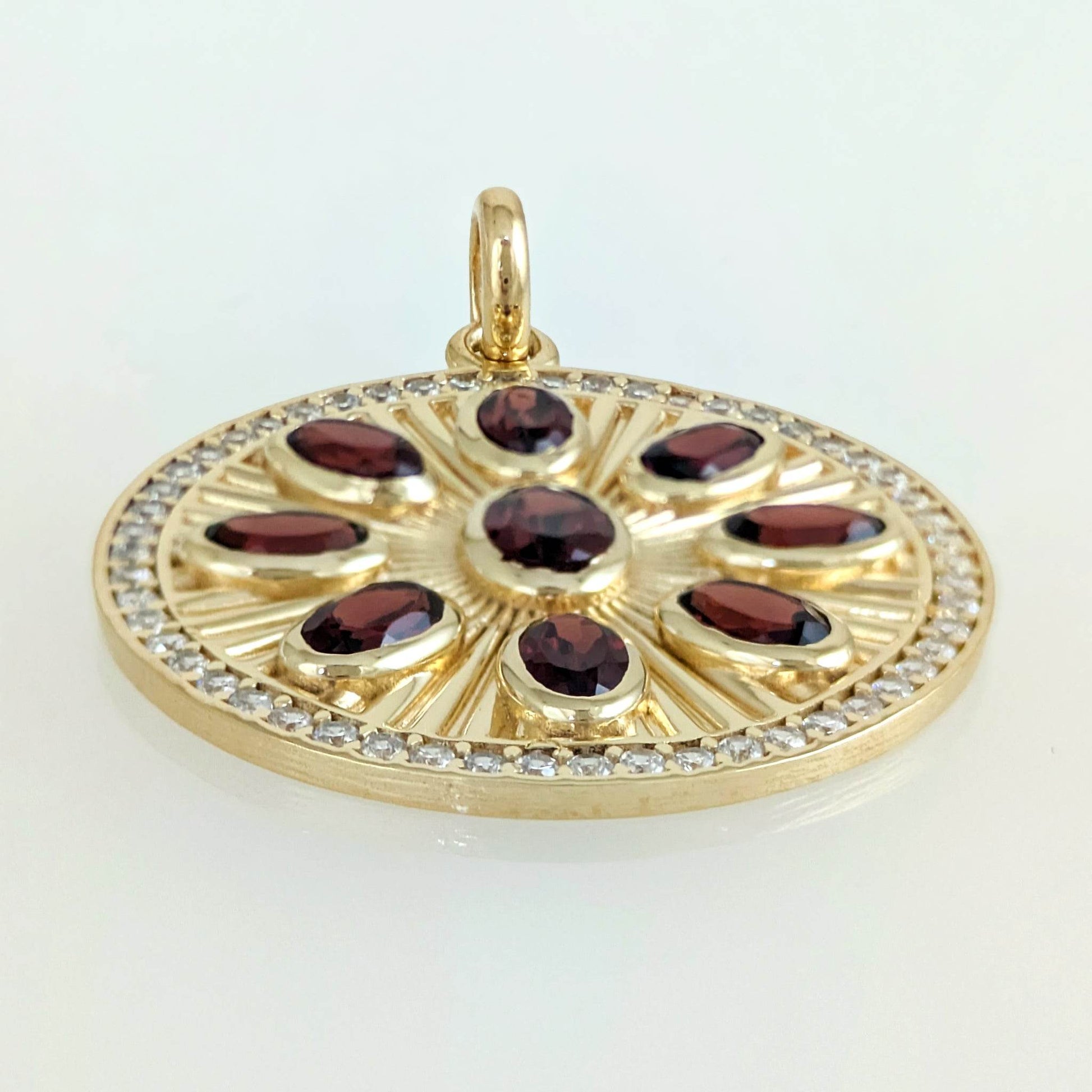 Garnet Sunburst Pendant – White CZ Halo, Gold over Sterling Silver - TurkishBling
