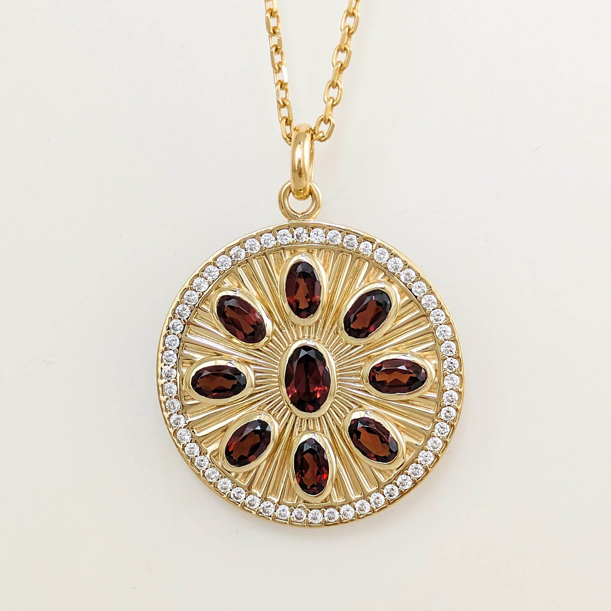 Garnet Sunburst Pendant – White CZ Halo, Gold over Sterling Silver - TurkishBling