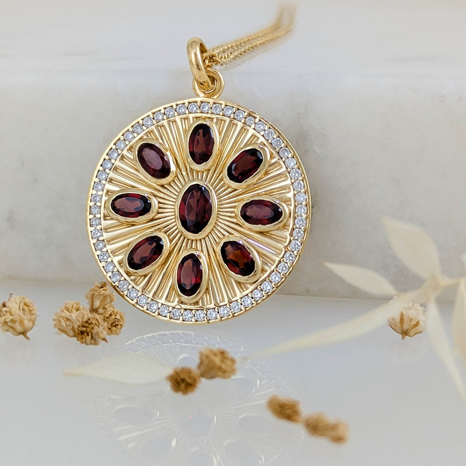 Garnet Sunburst Pendant – White CZ Halo, Gold over Sterling Silver - TurkishBling