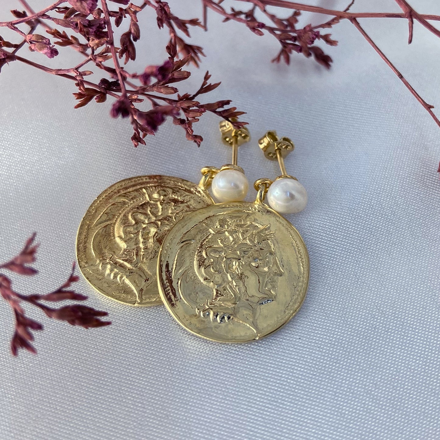 Pearl Roman Great Alexander Coin Earrings