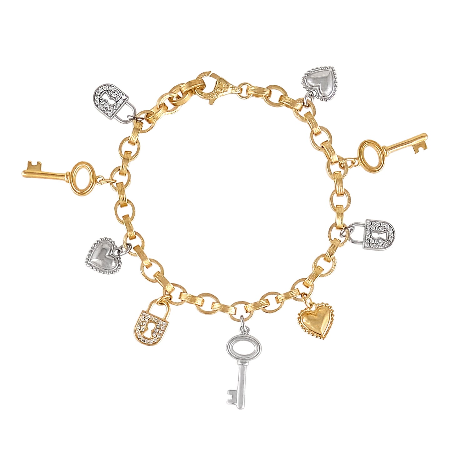 Two-Tone Lock & Key Charm Bracelet with Heart Accents