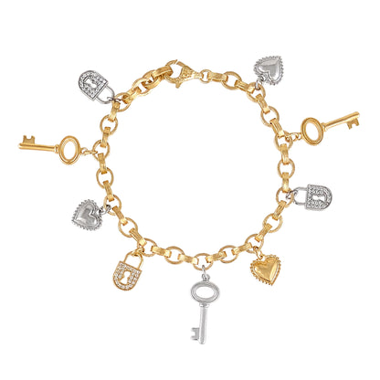 Two-Tone Lock & Key Charm Bracelet with Heart Accents