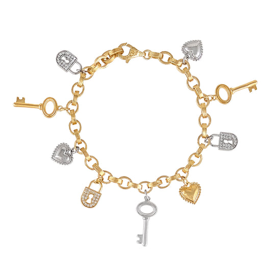 Two-Tone Lock & Key Charm Bracelet with Heart Accents