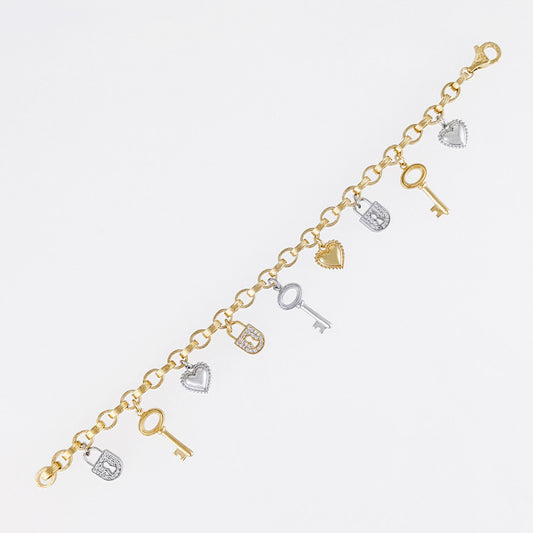 Two-Tone Lock & Key Charm Bracelet with Heart Accents