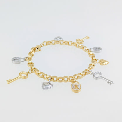 Two-Tone Lock & Key Charm Bracelet with Heart Accents