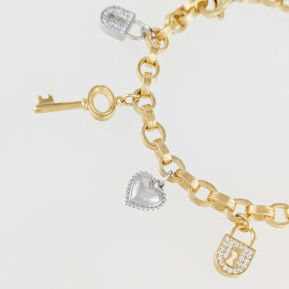 Two-Tone Lock & Key Charm Bracelet with Heart Accents