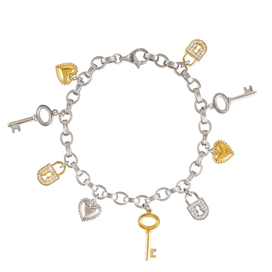 Heart, Key & Lock Charm Bracelet – Sterling Silver with Preciosa Crystals