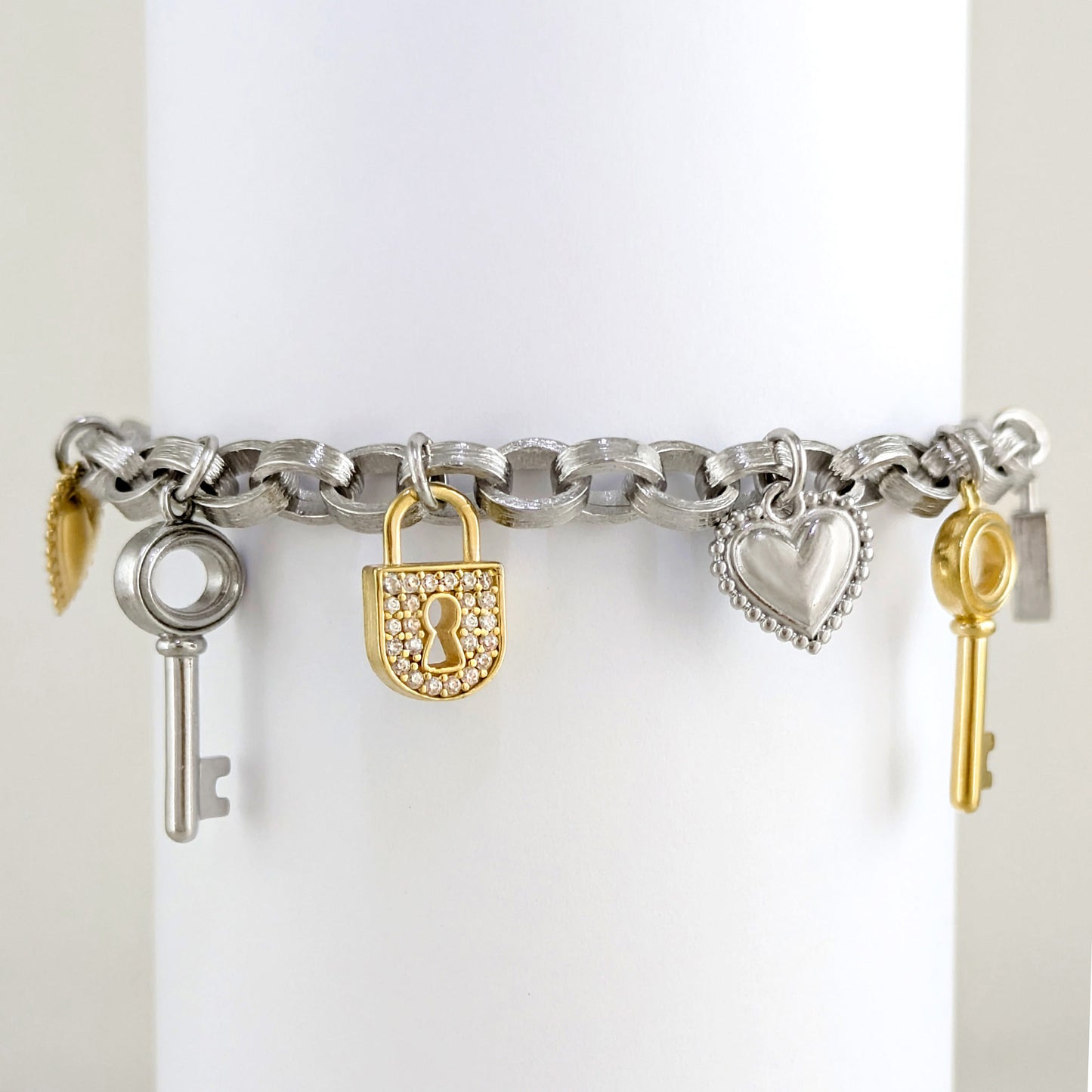 Heart, Key & Lock Charm Bracelet – Sterling Silver with Preciosa Crystals