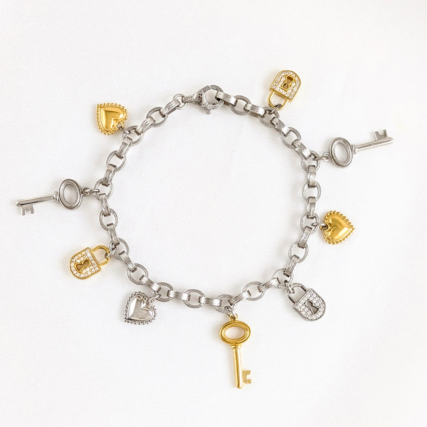 Heart, Key & Lock Charm Bracelet – Sterling Silver with Preciosa Crystals