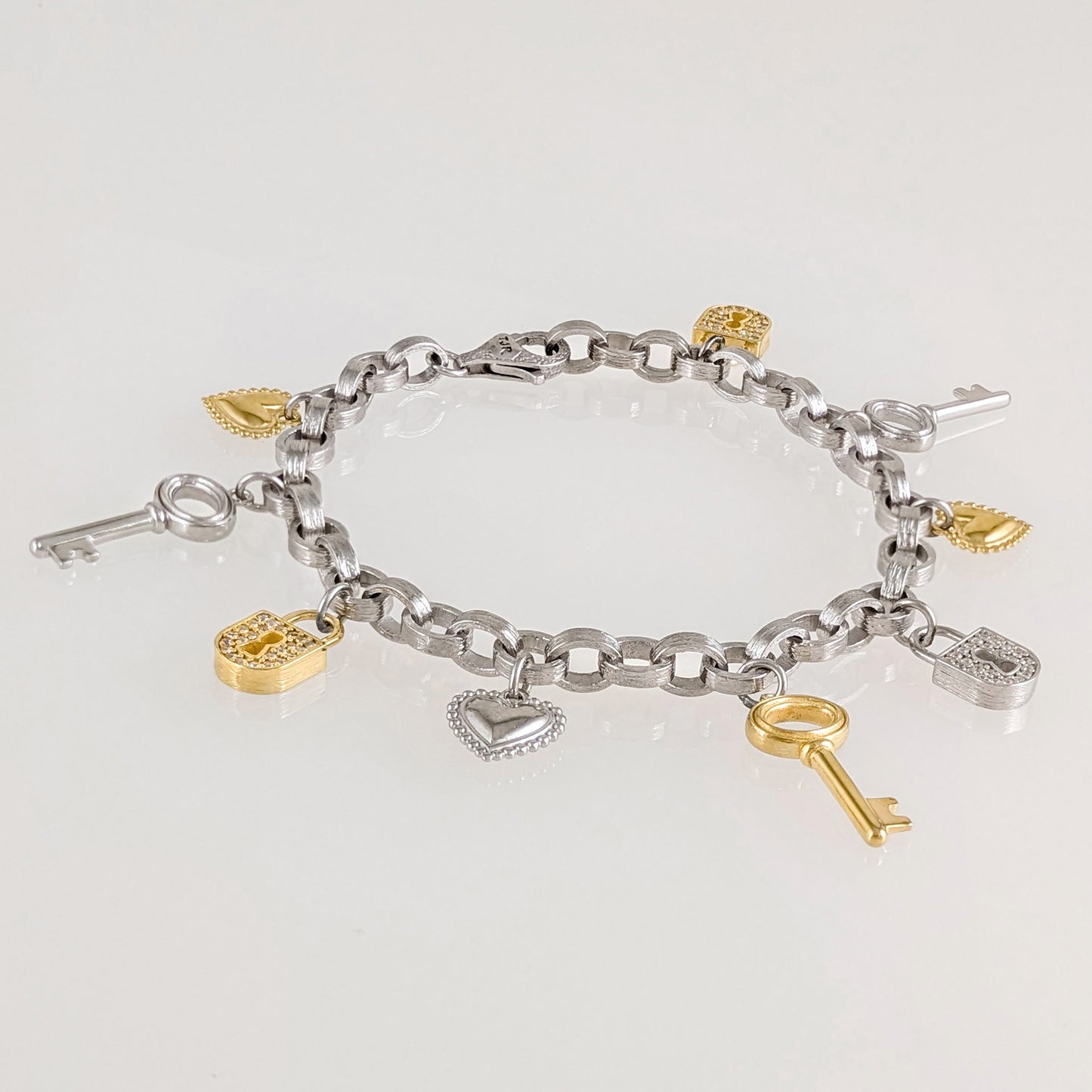 Heart, Key & Lock Charm Bracelet – Sterling Silver with Preciosa Crystals